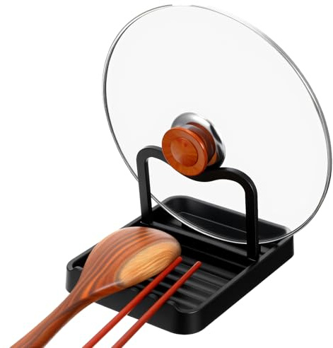 Lnngub Soporte para tapa de olla, soporte para cuchara, soporte plegable negro para tapa de olla de plástico, multifuncional, caja de almacenamiento para tapa de olla, cuchara, palillos, espátula