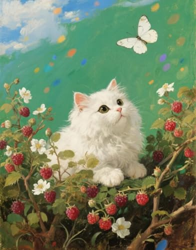 JUYIYUANFUZH Cross Stitch Starter Kits Adults DIY Embroidery Kit with Pattern White Cat in The Raspberry Bush 1 Easy Cross Stitch Kits for Beginners11CT: 40×50Cm