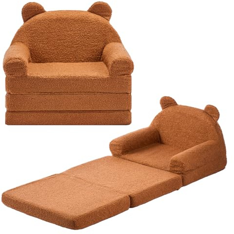 VEVOR Divano Pieghevole per Bambini, Sedia Pieghevole per Bambini a Forma di Orso con Braccioli, Spugna 28D, Trasformabile in Sdraio, Divano per Leggere Rilassarsi Giocare, M, Marrone