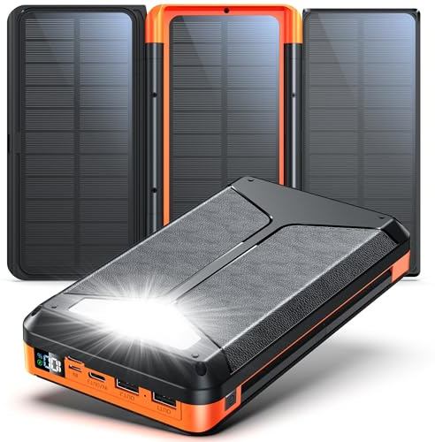 63200mAh solare Power Bank con 3 Pannelli Solari: PD22.5W Ricarica Rapida Wireless Batteria Esterna con 6 Uscite, Torcia SOS e Display Digitale, Ideale per Campeggio e Attività Outdoor tablet