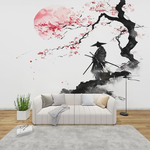 3D Tapete Japanisch Schlafzimmer, Fototapete Japanischer Samurai, Vliestapete Weiß Rot, Tapeten Wohnzimmer Muster, Kirschblüte Wand Deko Kinderzimmer, Wandtapete, Mustertapete Vlies 250x175 cm