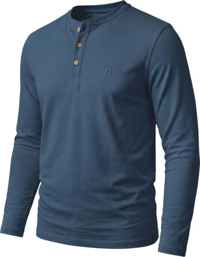 Herren Langarm Henley-Shirt aus Bio-Baumwolle Basic Pullover T-Shirt mit Knopfleiste und Langen Armen Longsleeve für Männer Marine L