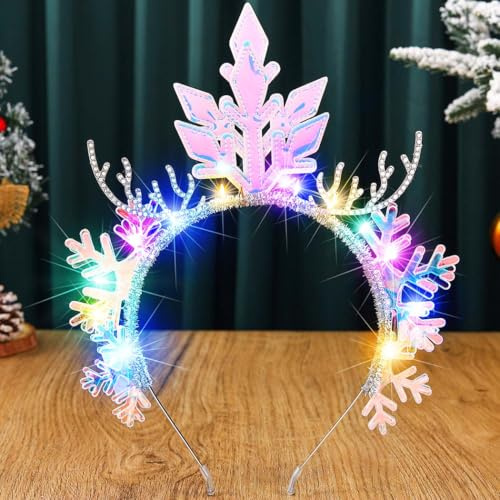 Reaky Serre-tête lumineux en bois de renne avec LED et flocons de neige - Accessoires de Noël pour femme
