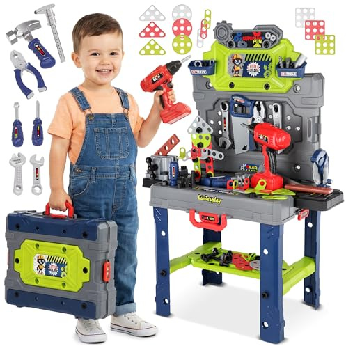 Kinderplay Banco da lavoro per bambini 132 TLG con set di attrezzi e trapano, officina per bambini dai 3 anni in su, 2 in 1, banco attrezzi per ragazzi e ragazze