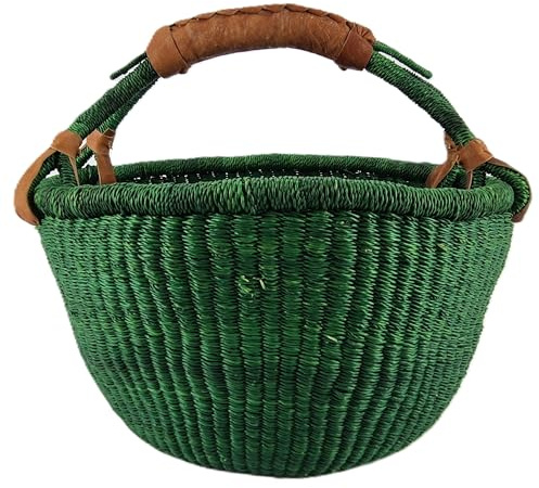 Medium Rund Bolga-Korg ca Ø 30 x 30 cm – Handgjord i Ghana – Fair Trade – Shoppingkorg med Läderhandtag – Mörkgrön