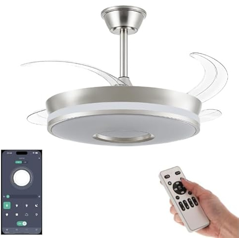 VENTILADOR TECHO LED APP MOVIL FACIL MONTAJE TECHO DC LED ATENUABLE RETRACTIL 4 ASPAS - Opción Sin Pitido, Temporizador, Invierno Verano, 3 Tonos, Modo Brisa, Bajo consumo (NÍQUEL NUEVO DISEÑO, 107CM)
