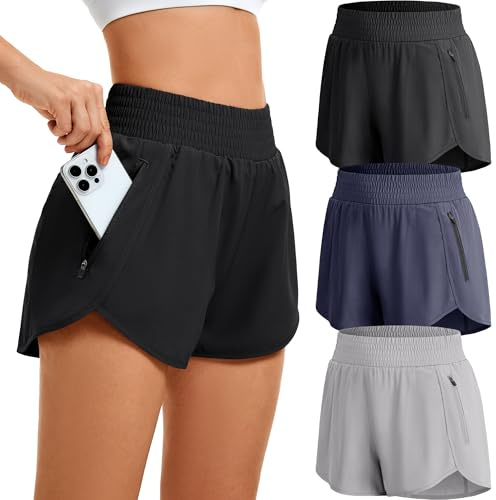 JOVCOVL Lot de 3/5 shorts de sport pour femme - Short de sport court avec poche zippée - Pour l'été - Respirant - Séchage rapide - Pour la course, le fitness, le yoga