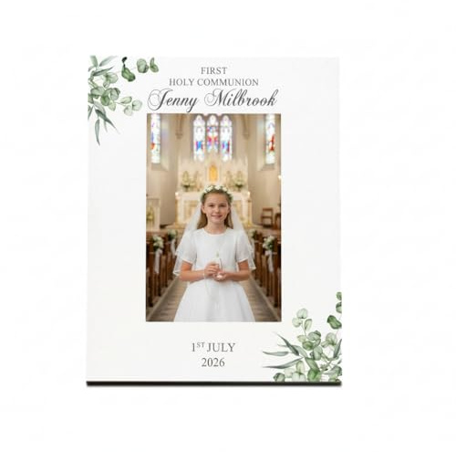 Personalised First Holy Communion Photo Frame, White, Leaf Design, 15.2x10.2cm, Traditional Style, Glass Cover
