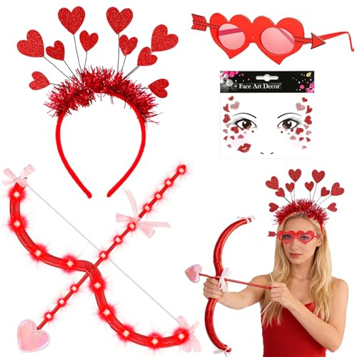 YOUYIKE Amor Kostüm Damen Rot Erwachsener Kinder, Karneval Herz Kostüm Set mit Haarreif Herzbrille Gesichtstattoo Amor Pfeil und Bogen mit LED, für Fasching Valentinstag