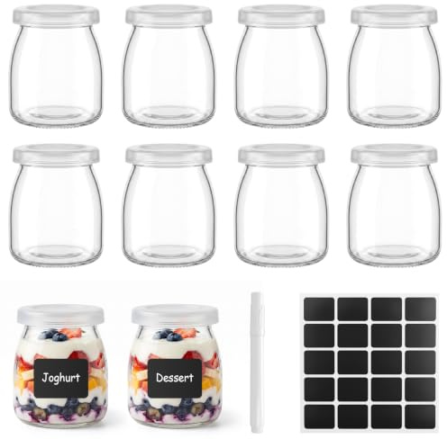 DOTDIW 8 Pcs 200ml Yoghurt Pot Small Glass Jars with Lids | Small Glass Containers, Pudding Bottles for Oat Cereal, Jelly, Mousse, Jam, Dessert, Spice Storage