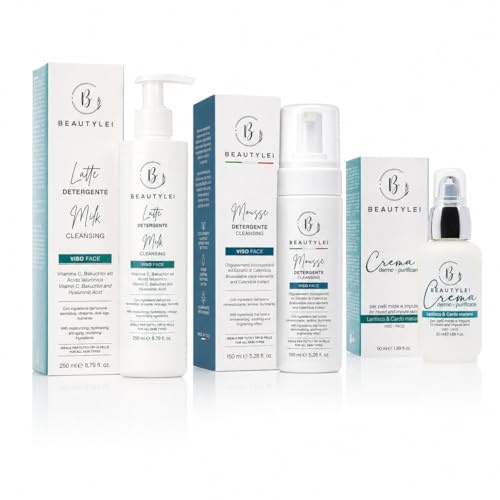 BEAUTYLEI Sistema Anti Brufoli – Trattamento Completo in 3 Prodotti | Latte Detergente + Mousse Detergente + Crema Dermopurificante | Routine Pelle Mista e Impura | Anti Imperfezioni