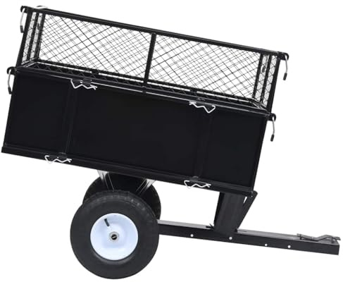 Kippanhänger für Rasentraktor 150 kg Ladung | Seitenwände abklappbar, Höhe +22 cm erweiterbar, Universal-Kupplung mit Bolzen