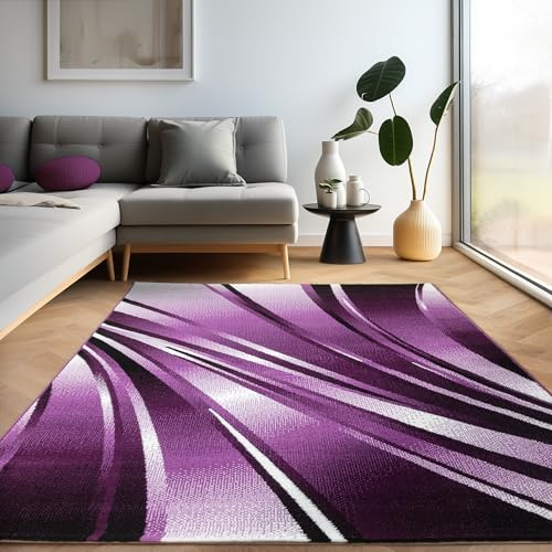 Carpettex Teppich Wohnzimmer Kurzflor 80 x 150 cm Läufer Flur Teppich Modern Abstrakt Wellen Design Lila - Teppich Bettvorleger Schlafzimmer Weich Flauschig Waschbar Küchenläufer - Esszimmer Teppiche