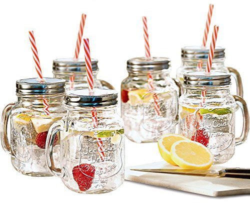 Estilo Mason Jar Mugs with Handle and Straws Old Fashioned Drinking Glass Set 6, 16 oz Each