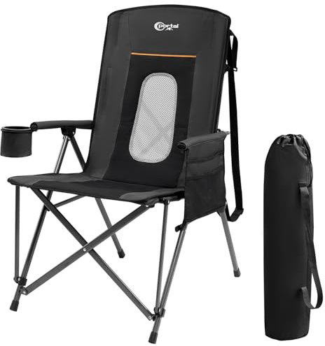Portal Campingstuhl Faltbar Klappstuhl 180 KG Belastbar mit Hochlehner Verstellbar Camping Anglerstuhl Gartenstuhl Sessel mit Tasche Getrankhalter für Garten Balkon Picknick