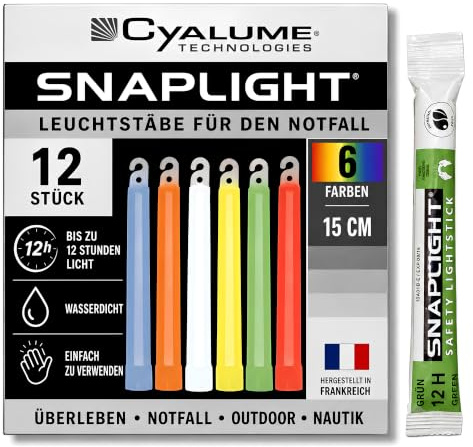 Cyalume Leuchtstab SnapLight - Packung mit 12 Leuchtstäbe in 6 Farben (2 grün, 2 gelb, 2 rot, 2 orange, 2 blau und 2 weiß), Knicklichter 15 cm lang, fluoreszierend für 8 und 12 Stunden