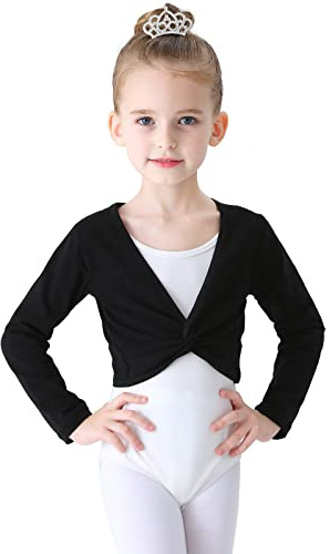 Soudittur Ballettjacke Mädchen Langarm Weichem Baumwollstoff Wärmende Ballettkleidung für Kinder (Schwarz, 145-150)