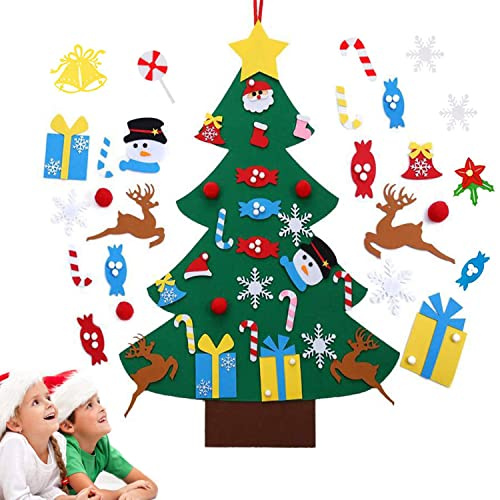 Viilich Albero di Natale in Feltro, Albero di Natale in Feltro per Bambini da Parete, Albero di Natale Fai da Te con 33 Pezzi di Ornamenti Staccabili, Regali di Natale da Appendere alla Porta o alla