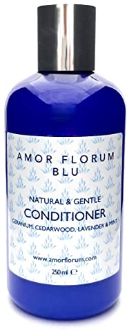 99% Natural ACONDICIONADOR - COCO, GERANIO, CEDRO, LAVANDA y MENTA - 250 ml de AMOR FLORUM BLU. Sin Sulfatos, Sin Parabenos, Sin Silicona. Concentrado. Suave PH 5.5 para Pieles Sensibles.