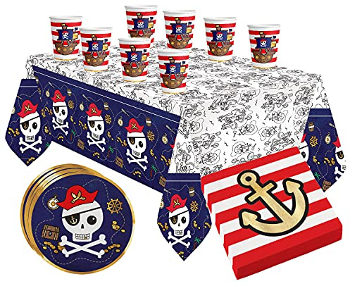 Libetui Geschirr Set Piraten Party Kindergeburtstag Teller Becher Servietten Schatzsuche Pirat Party 33 Teile für bis zu 8 Kinder