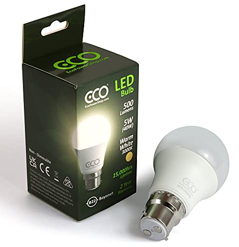 ECO 40W 2 Pin Bayonet B22 Energy Saving LED Light Bulb, Low Energy 5W LED, Bright 500 Lumens, 15,000Hrs Lifetime.