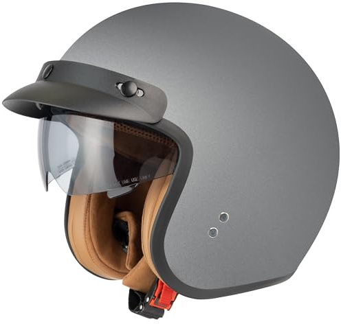 Jethelm mit Visier by BS Way: Hochwertiger Motorradhelm, ECE-Zertifiziert für Herren und Damen - Ideal für Roller, Moped, Mofa und Scooter - Retro Helm Design, Halbschalenhelm Matt Grau