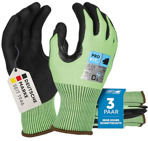 PRO FIT 868 Nitril Schnittschutzhandschuh – Arbeitshandschuhe mit HPPE Glasfaser, Schnittfester Handschuh, Level D - 3 Paar, Neongrün/Schwarz, Gr. 9