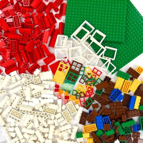 Q-Bricks Juego de ladrillos de construcción | Juego de 400 piezas | Incluye 19 formas, que incluyen puertas, ventanas, tejas de techo y placas de base | 8 colores | Caja de almacenamiento reutilizable
