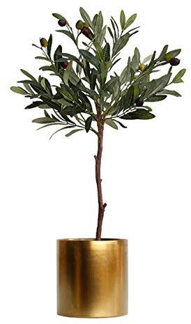 Künstlicher Topf-Olivenbaum in dekorativem Behälter Kunstbaum-Pflanze Gefälschte Olivenblatt-Grünpflanze im Topf, 2,3 Fuß (goldene Töpfe)