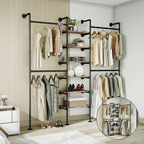 HKaikzo Wall Mounted Closet System 85 H×81 W, Industrial Pipe Clothing Rack for Walk-in Closet with 6 Shelves, Heavy Duty 200LBS Garment Rack, Color-Coded Assembly, 3 Layout Options, Black
