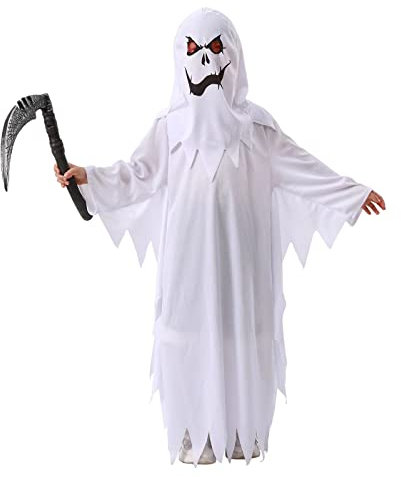 ZUCOS Costume di Halloween da fantasma bianco per bambini, dolce o aspro con falce (bianco, 3-4 anni)