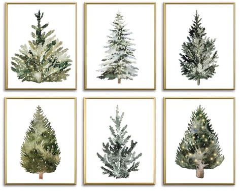 AUNMER Pósteres de árbol de Navidad, arte de pared, decoración de pared de Feliz Navidad, imágenes botánicas estéticas, arte de invierno, pinos, galería, impresiones de pared para vacaciones,