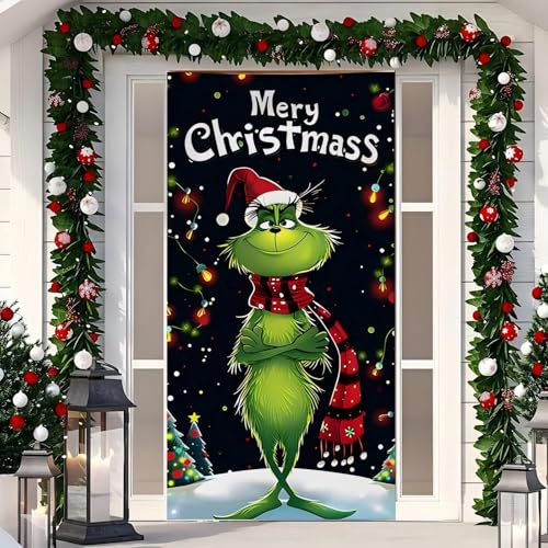 REGAPOG Grinch Weihnachtsdeko Tür, Christmas Door Cover, 91cm x 203cm Weihnachtsmann Tür Decke Weihnachten Tür Hängen Banner Hintergrund, Weihnachtsbanner für Haus Haustür Weihnachten Wand Deko (E)