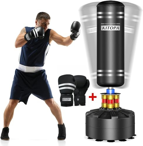 Kitopa Saco de Boxeo de Pie Pesado de 178CM, Saco Boxeo de Rebote Rápido, Resistente a Desgarros Base de Ventosa, con Guantes de Boxeo para Adultos, Jóvene
