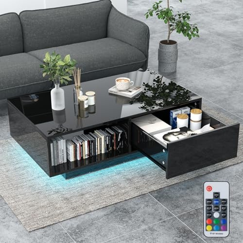 GOPLUS Table Basse Laquée avec 20 Lumières LED Couleurs et Télécommande, Table Basse Salon Noir Charge 65KG, 9 Luminosité et 10 Modes Clignotants (Noir)