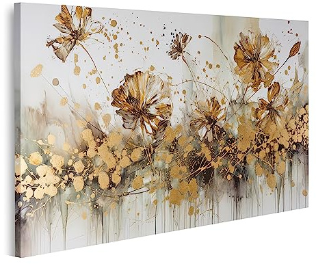 islandburner Prime Bild auf Leinwand Abstrakte Florale Ölgemälde Gold Blume Platzen Weiß Golden Bilder Wandbilder Poster