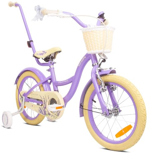 sun baby Mädchenfahrrad 16 Zoll Radgröße Flower Bike zur Auswahl, mit Abnehmbarer Schubstange, Kinderfahrrad für Mädchen von 2 bis 6 Jahre (Lavender, 16 Zoll)