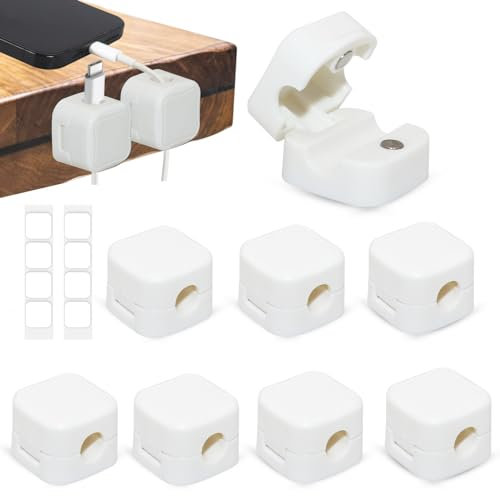 8pcs Charging Cable Keeper, White Square Magnetic Cable Holder with Stickers, Tidy Cable Management for Office Home Desk Car Wall Phone