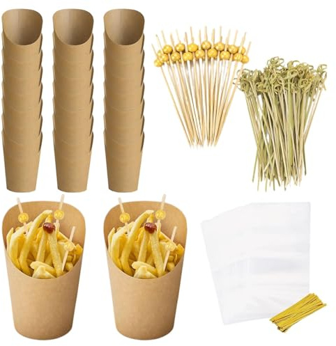 Fellflying Coppe per salumi individuali,Coppe per salumi con bastoncini,Tazze snack da 14 once con bastoncini, sacchetti | Segnalini per alimenti, stuzzicadenti per cocktail, coppette da dessert per
