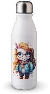 MAXIKIWI - Single Wall Water Drinking Bottle with Screw Cap, Non Insulated Lightweight Aluminium, BPA Free, Leak-Proof - Back To School Unicorn - 500ml