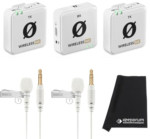 Rode Wireless ME Dual Mikrofon Funksystem Weiss + 2X Lavalier GO Weiss Ansteckmikrofon + keepdrum Mikrofasertuch