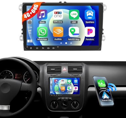 CAMECHO 4G+64G 9 Android 15 Car Stereo for VW Polo Tiguan Caddy T5 Golf Skoda Octavia Fabia with Wireless CarPlay Android Auto Touch Screen Car Radio with 16EQ Bluetooth 5.0 GPS Sat Nav WIFI FM RDS