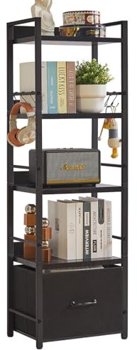 Aibiju Leiterregal, 5-stufiges Bücherregal mit Stoffschublade, industrielles Leiterregal, Stahlrahmen, hohes schmales Bücherregal mit Regalen für Schlafzimmer, Wohnzimmer, Schwarz YD-BC001B