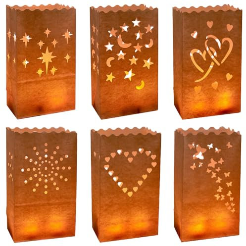 AHANDMAKER 6 Stile Weiße Leuchtsäckchen 30 Stück Weihnachtsleuchtsäckchen Kerzensäckchen Feuerwerk Herz Schmetterlinge Sterne Mond Für Weihnachten Halloween Hochzeit Neujahr Party Dekor