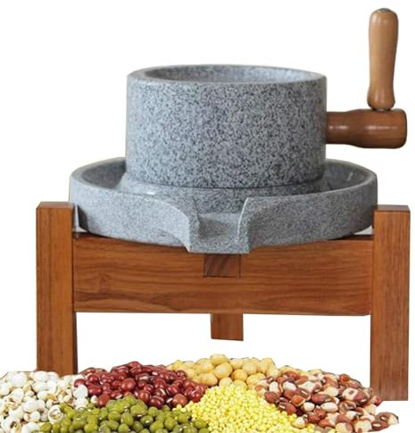 Hand Grain Mill Stone,Natural Granite Dry Wet Grain Stone Mill, Hand Crank Pulverizer/Paste Mill/Flour Mill, Handmade Grinder for Wheat Berry, Corn, Mung Beans, Seeds.