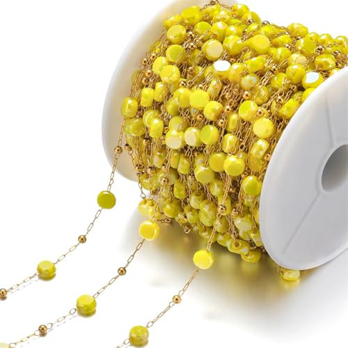 OXOLAMRIN Bunte Kettenglied-Rollen, Handarbeit Farbe Kette ， 1 Meter Edelstahl-Kristallglasperlen-Ketten, DIY-Halsketten, Zubehör, Armbänder, Schmuckherstellung, Ohrringe(Yellow)