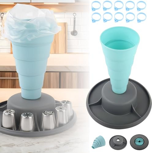 Runspich Piping Bag Holder Stand for Easy Filling, Foldable Pastry Bag Support Cup with Nozzles Holder, Plastic Icing Bag Organizer for Cake Decorating Tools
