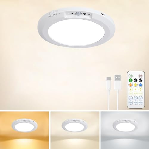 Lámpara de techo recargable con sensor de movimiento, luz de techo LED con sensor de movimiento, lámpara de techo magnética con 3 colores y brillo, lámparas de techo con sensor para armarios, ducha