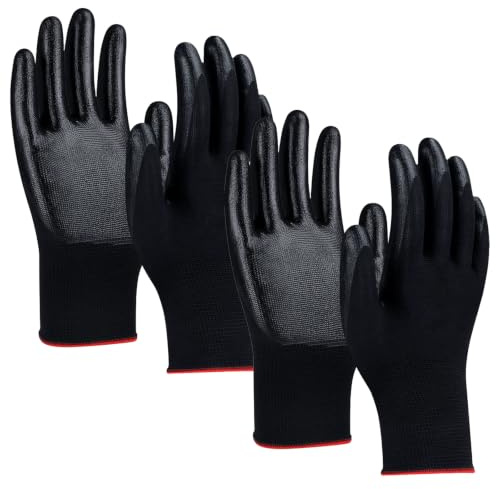 Gants de Sécurité en Nylon Nitrile pour Travaux de Construction, Jardinage et Industrie – Antidérapants, Respirants et Confortables – Lot de 2 Paires Mixtes (Noir, Taille L)