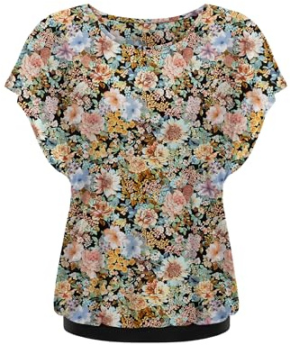 Hotouch blus damer elegant sommar ledig nättopp fladdermusärmar skjorta rund hals dubbla lager tunika blusar, 66 blommor, S
